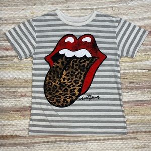 Rolling Stones Gray and White Striped  Leopard Graphic T-Shirt Size S